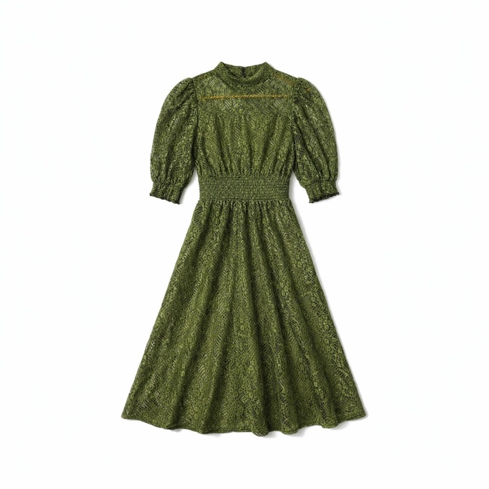 Vintage Olive Green Lace Midi Dress